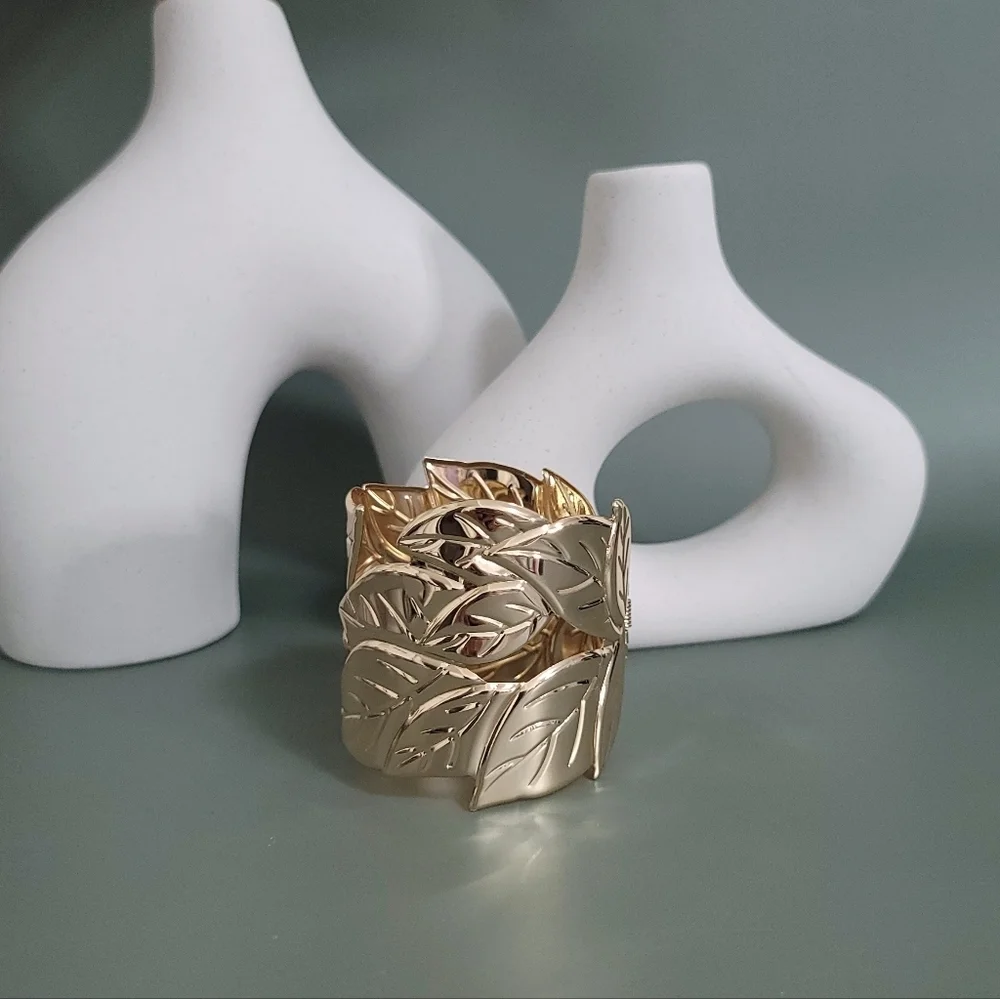 Stainless steel gold tone leaf chunky cuff bracelet